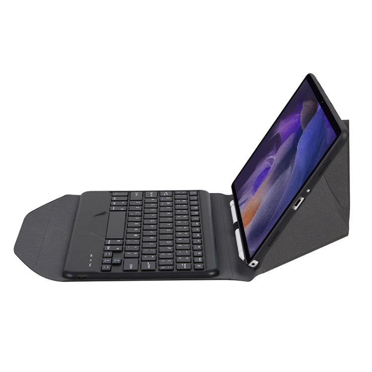 Black folio tablet keyboard case open in typing position with tablet supported