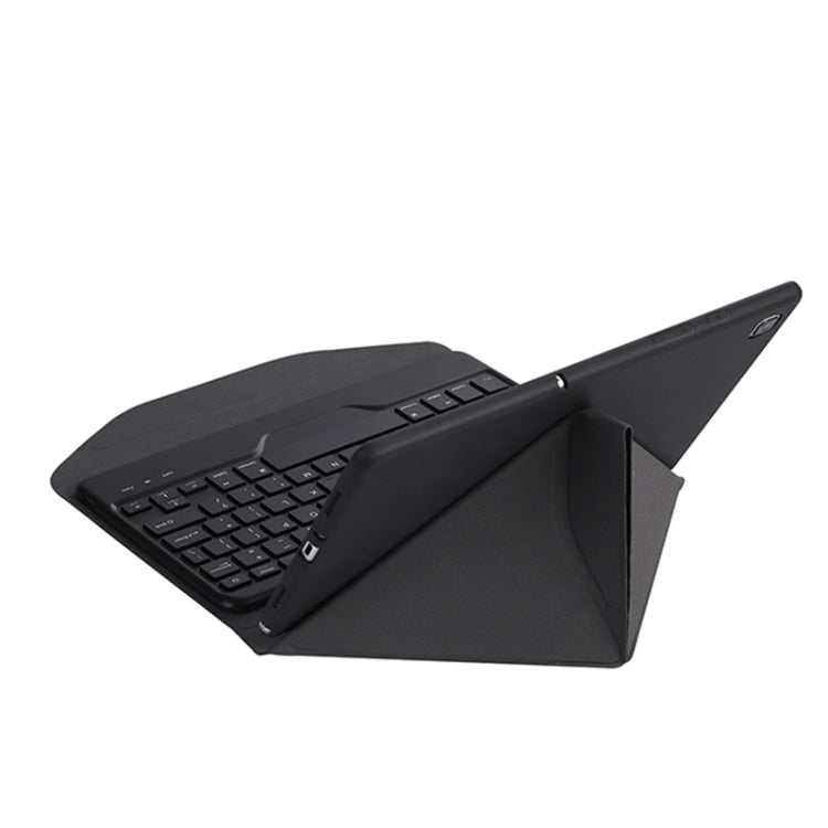 Black tablet keyboard folio case side view with slim profile and stand