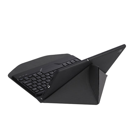 Black tablet keyboard folio case side view with slim profile and stand