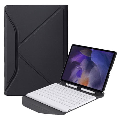 Black tablet keyboard case with white keys and tablet on angled stand