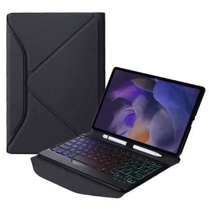 Black leather keyboard case with backlit Bluetooth keys and tablet stand