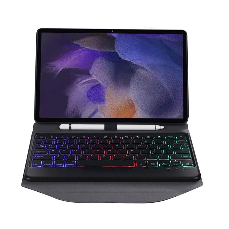 Black backlit Bluetooth keyboard case with tablet screen open for typing