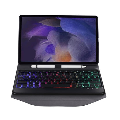 Black backlit Bluetooth keyboard case with tablet screen open for typing