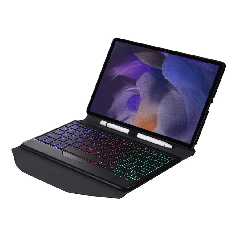 Black backlit Bluetooth keyboard case with tablet tilted for typing