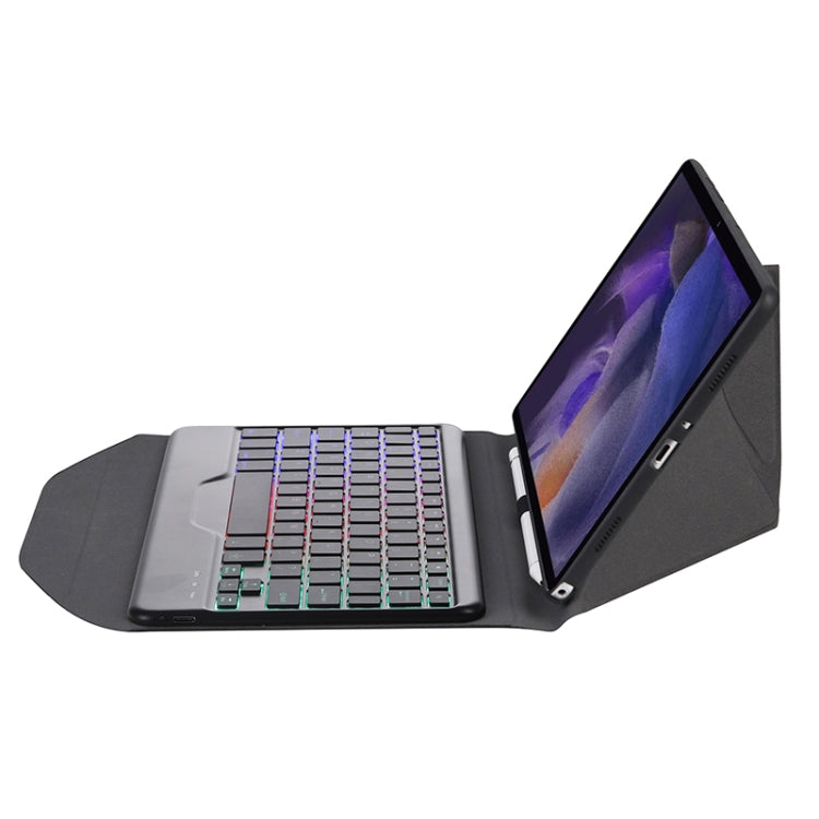 Black keyboard case with built-in stand and backlit keys on display