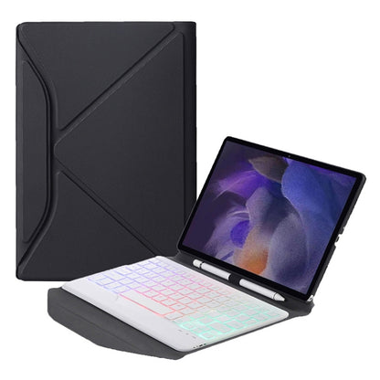 Black leather tablet case with white backlit Bluetooth keyboard and stand