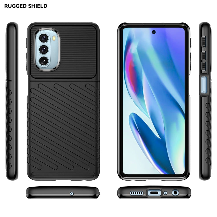 Black shockproof TPU phone case shown front, back, and side buttons