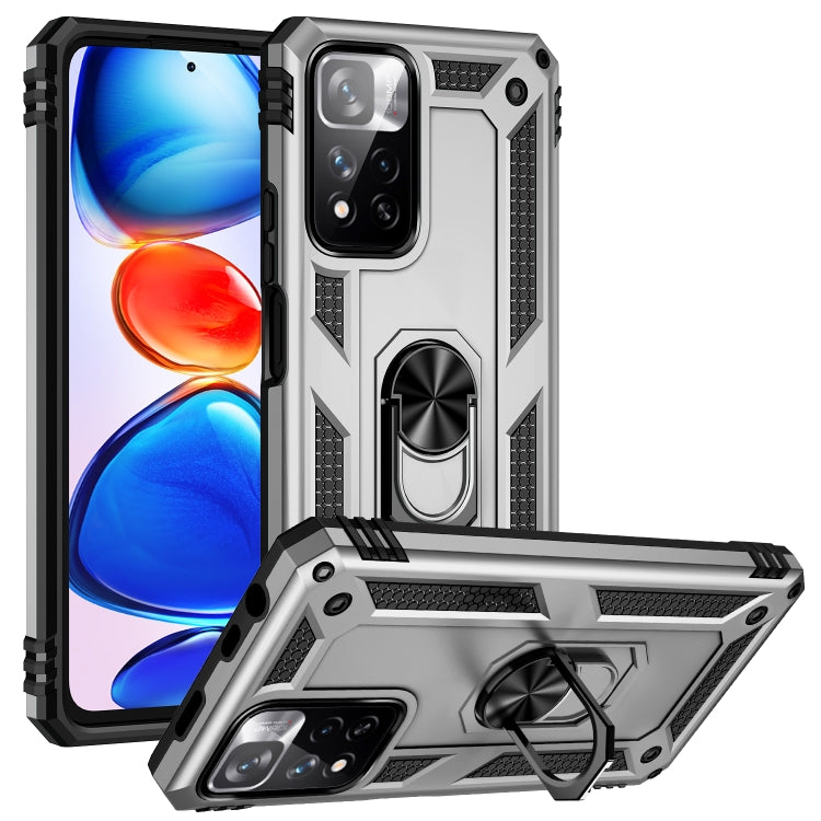 Silver shockproof TPU + PC phone case with 360-degree rotating holder and kickstand