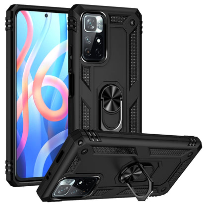 Black rugged phone case with metal ring kickstand and 360 rotating holder