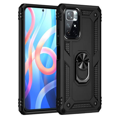 Black shockproof phone case with metal ring kickstand and textured grip details