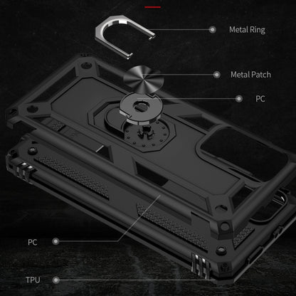 Black rugged phone case close-up with metal ring kickstand and shock-absorbing frame