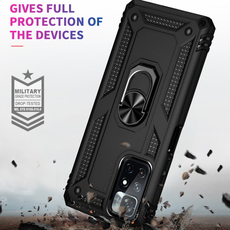 Black shockproof phone case with metal ring kickstand and reinforced corners