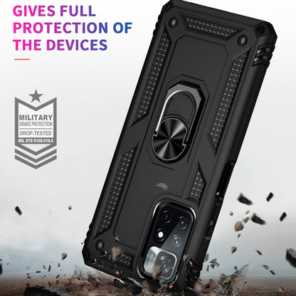 Black shockproof phone case with metal ring kickstand and reinforced corners