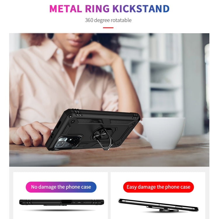 Black rugged phone case with metal ring kickstand for 360-degree rotation