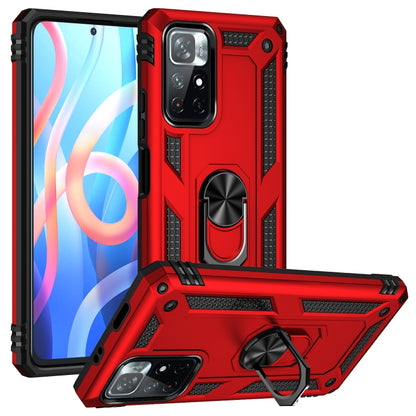 Red shockproof phone case with textured sides and metal ring kickstand