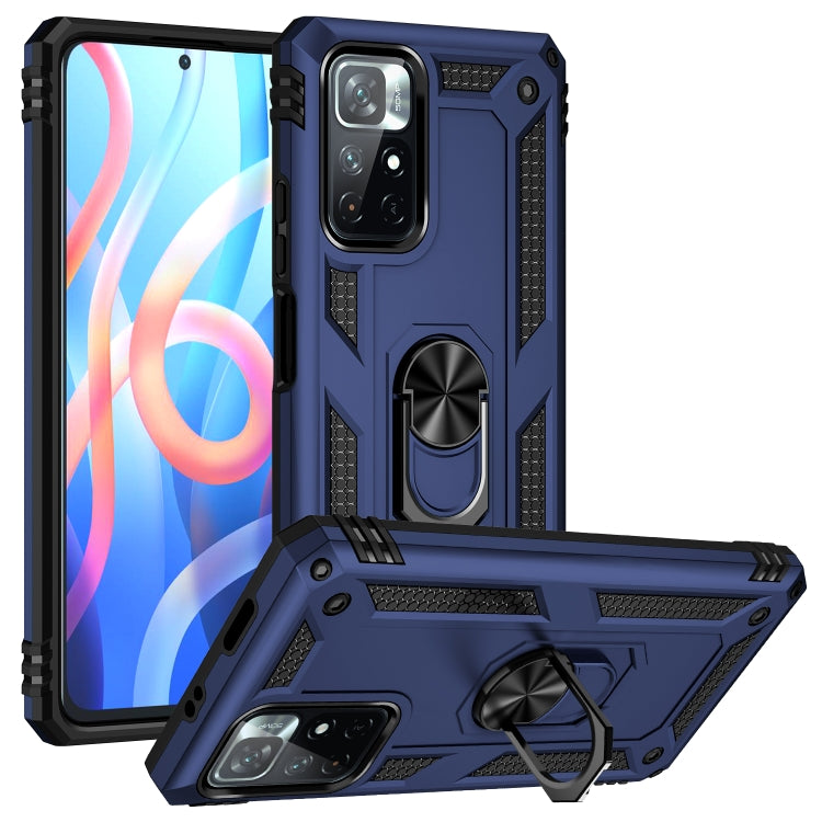 Navy-blue shockproof TPU + PC phone case with 360-degree rotating holder and kickstand