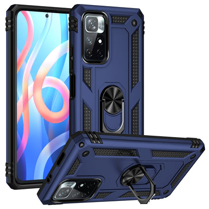 Navy-blue shockproof TPU + PC phone case with 360-degree rotating holder and kickstand