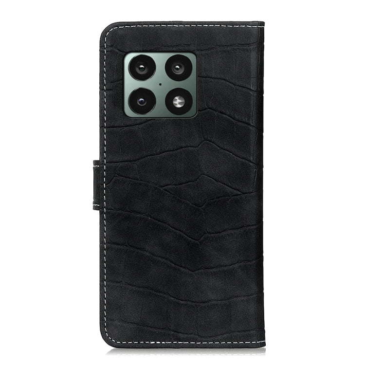 Black crocodile-texture leather flip phone case cover with stitched edges for OnePlus 10 Pro