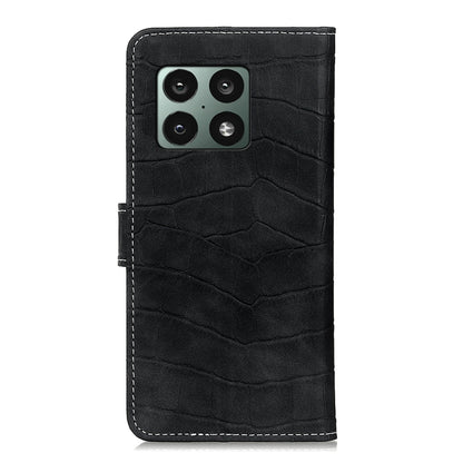 Black crocodile-texture leather flip phone case cover with stitched edges for OnePlus 10 Pro