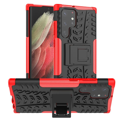 Tire-textured phone case with built-in holder, red and black