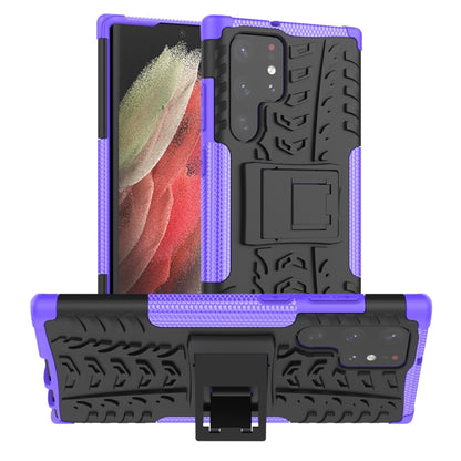 Tire-textured phone case with built-in holder, purple and black