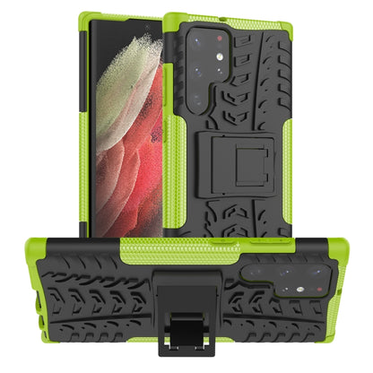 Green tire-texture phone case with built-in holder and rugged TPU/PC bumper