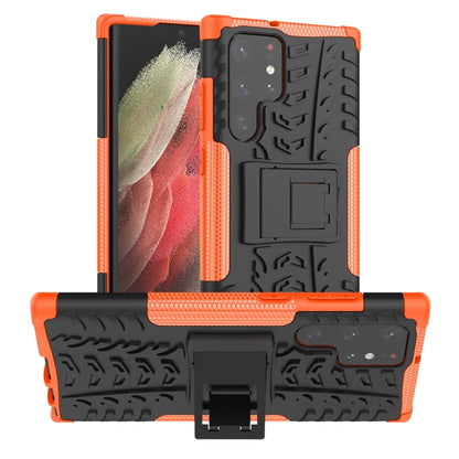 Tire-texture phone case with holder, rugged orange and black design