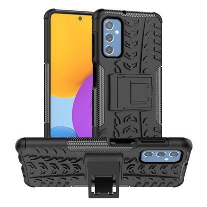 Tire-textured phone case with built-in holder, black and purple