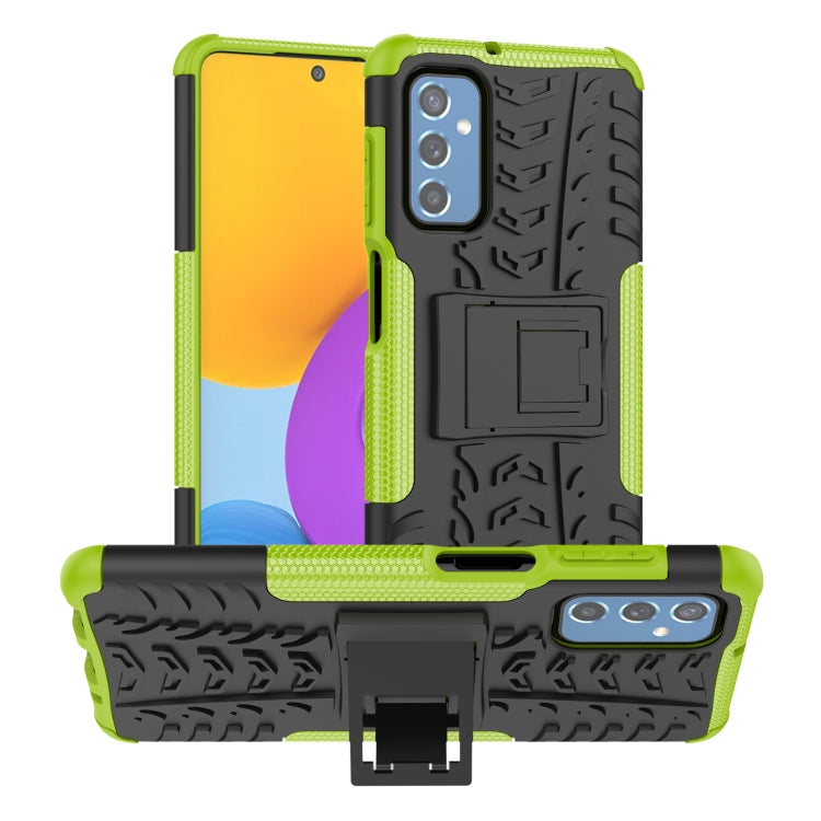 Tire-textured phone case with built-in holder, green and black