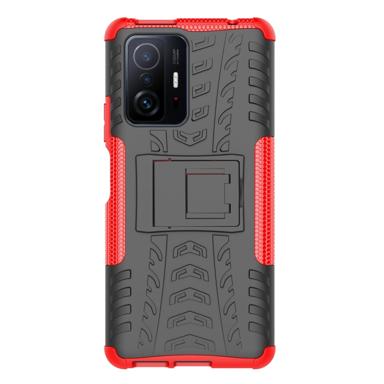 Red and black rugged phone case, tire tread texture, built-in holder, camera cutouts