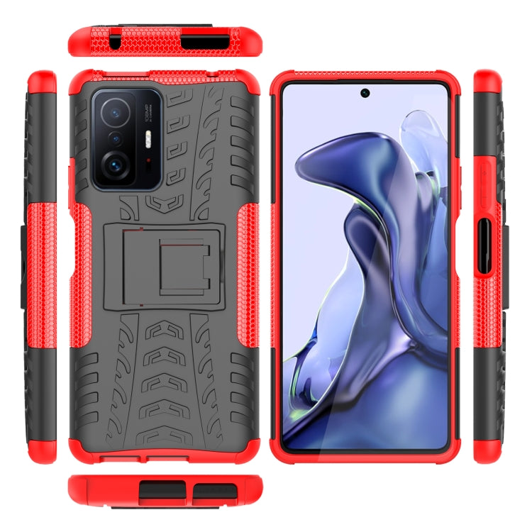 Red and black rugged phone case set with holder, textured grip, and camera protection