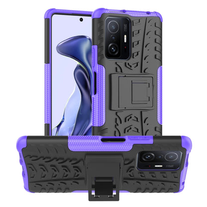 Purple and black tire-texture TPU phone case with built-in holder and camera cutouts