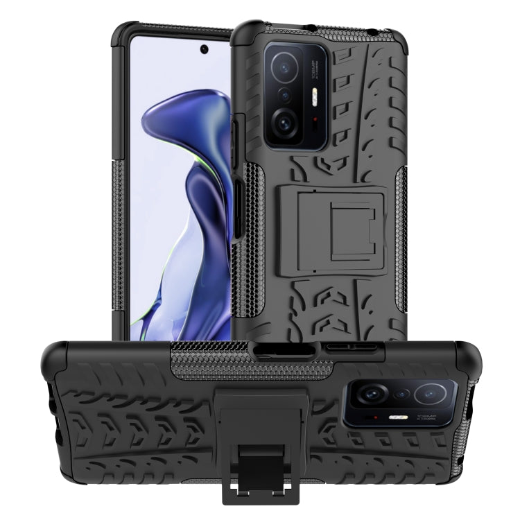 Black tire-texture phone case with built-in holder, rugged grip, and camera openings