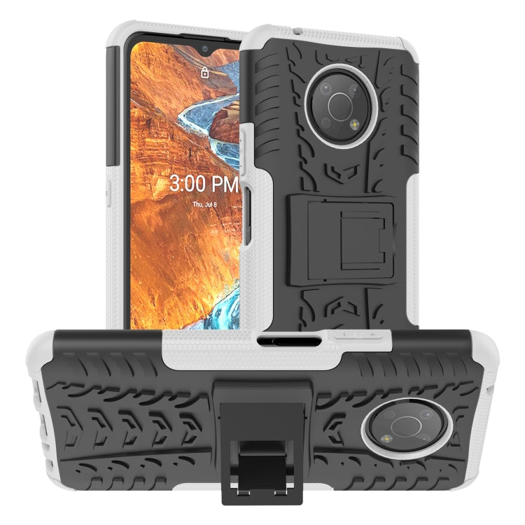 White tire-texture phone case with built-in holder and rugged TPU/PC bumper