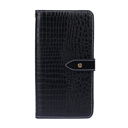 Crocodile-texture flip leather phone case, dark blue, with side snap strap