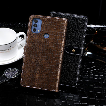Crocodile-texture flip leather phone cases, brown and black, with camera cutout