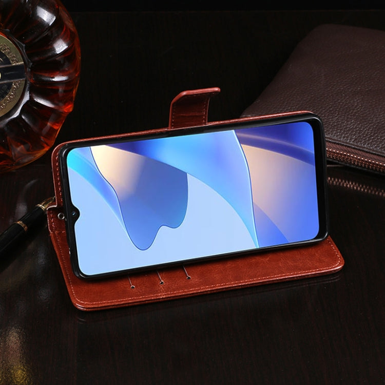 idewei rust leather flip phone case with kickstand, shows phone screen