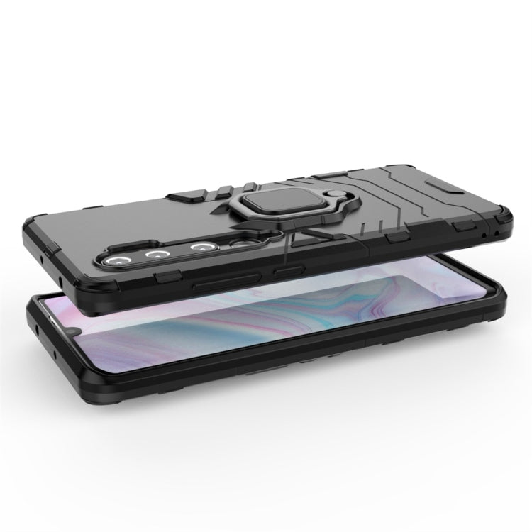 Rugged phone case with magnetic ring holder and raised camera cover, laid flat