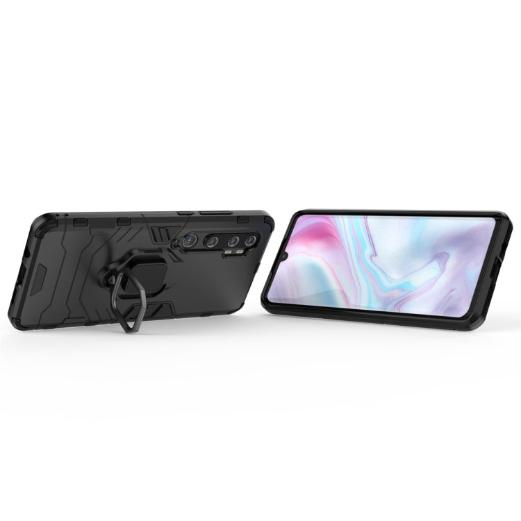 Rugged black phone case with magnetic ring holder, front and back view
