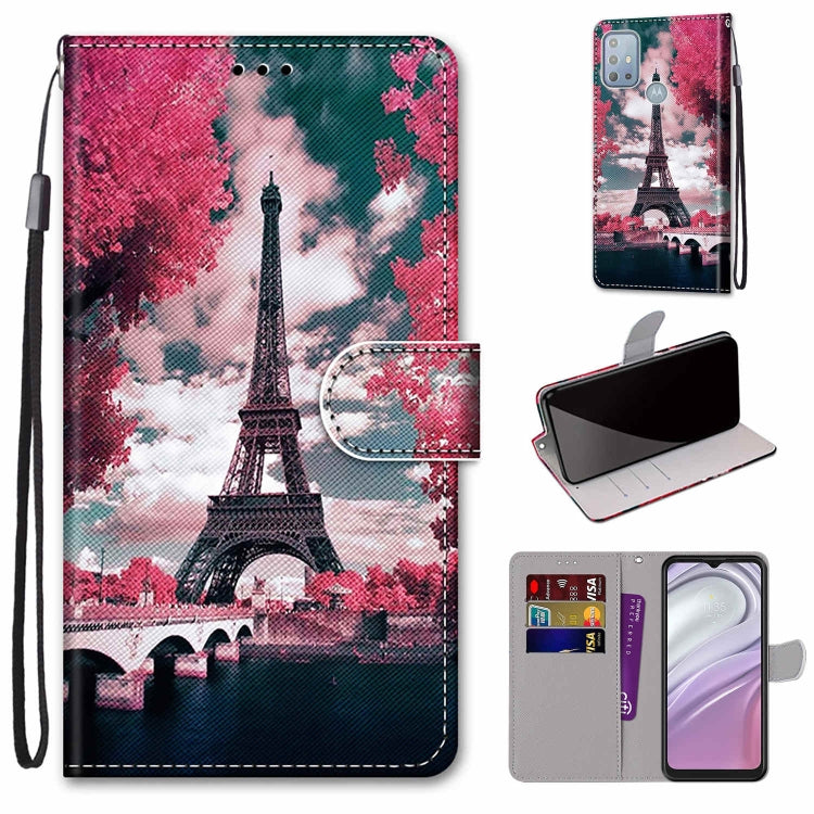 Pink Eiffel Tower illustrated leather flip phone case with card slots and strap