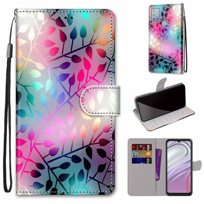 Colorful floral branch leather phone wallet case with lanyard and card holder, flip top