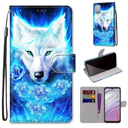 Phone wallet case with card slots and flip cover, lanyard; blue wolf face print.