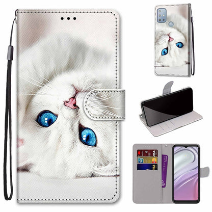 Phone wallet case with card slots and flip cover, lanyard; white cat with blue eyes.