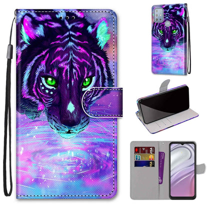 Phone wallet case with card slots and flip cover, lanyard; purple wild cat portrait.