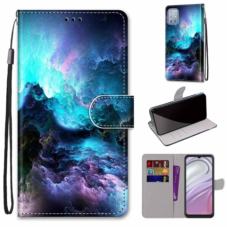 Phone wallet case with card slots and flip cover, lanyard; blue galaxy sky pattern.