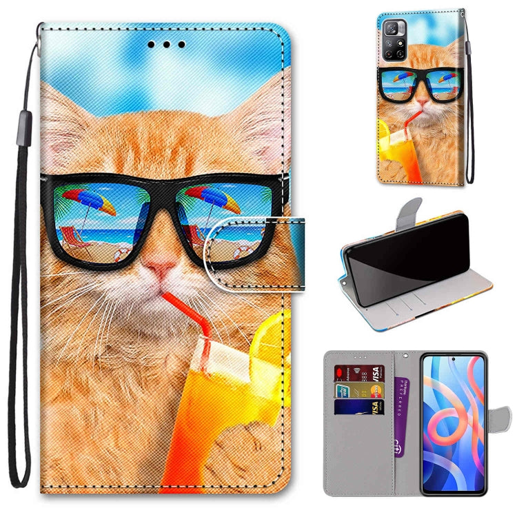 Phone wallet case with card slots and flip cover, lanyard; orange cat wearing glasses.
