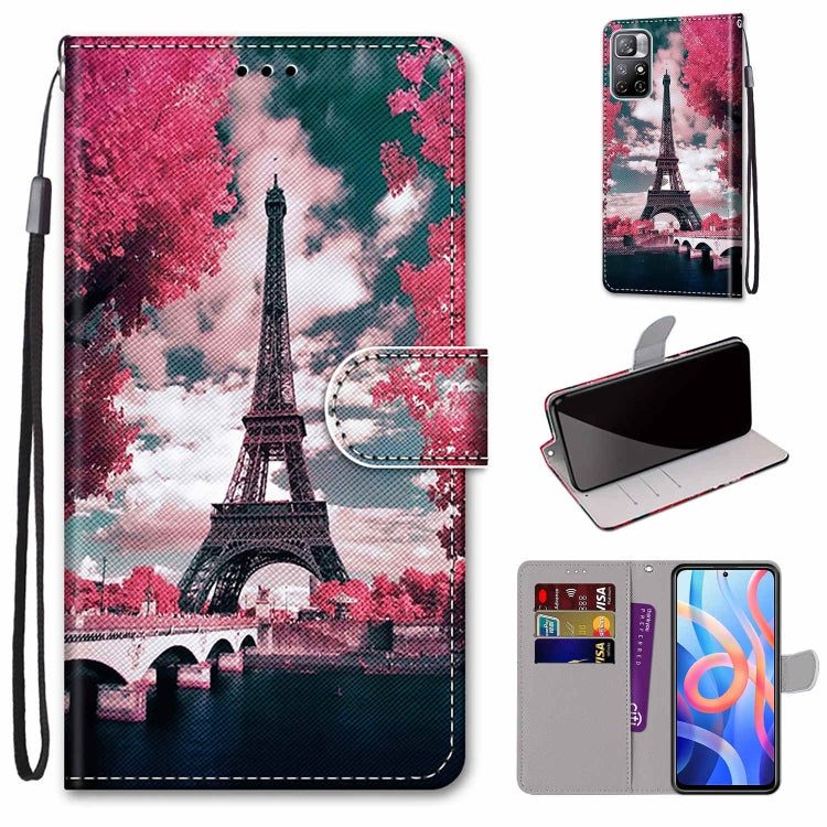 Phone wallet case with card slots and flip cover, lanyard; Eiffel Tower pink sky print.