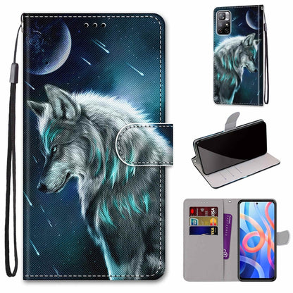 Phone wallet case with card slots and flip cover, lanyard; wolf howling under moon.