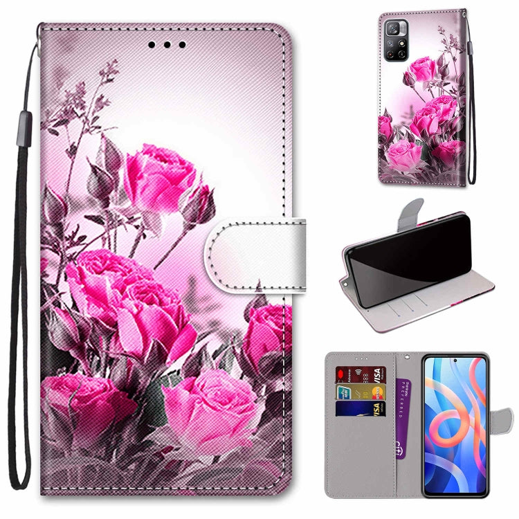 Pink rose floral phone wallet case with flip cover, card slots, and wrist strap.