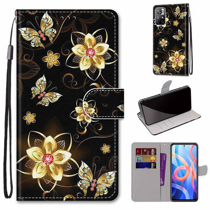 Black phone wallet case with gold butterfly floral design, flip cover, card slots, strap.
